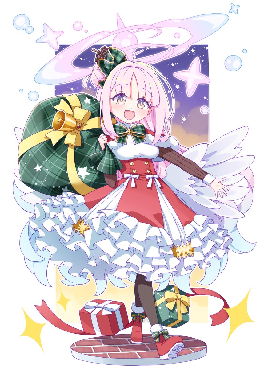 mika (blue archive) 1girl solo pink hair halo gift wings christmas  illustration images