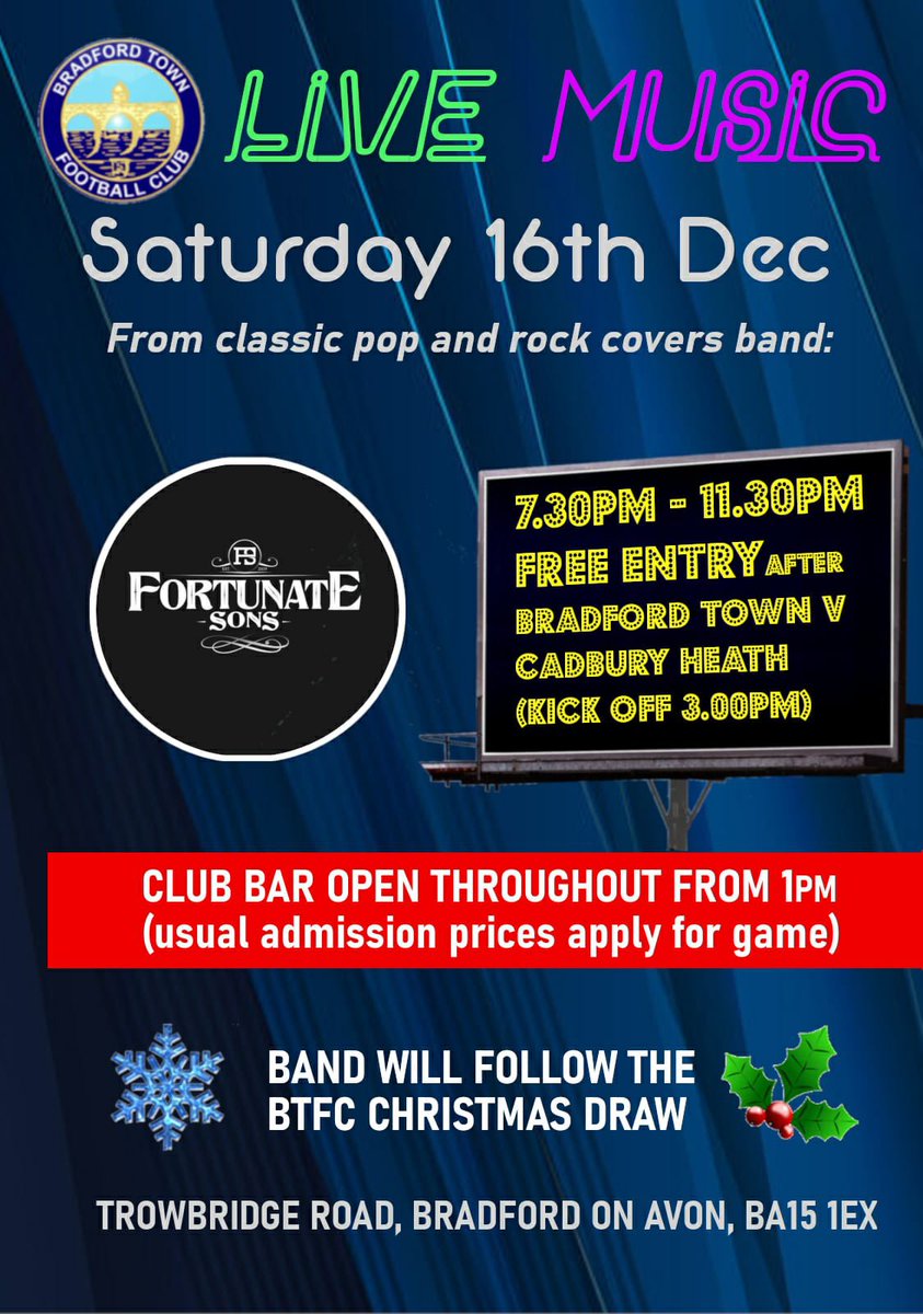 BradfordTownFC's tweet image. GAMEDAY💙

Today we welcome @CadburyHeathFC to Trowbridge Road 3pm KO. 

Xmas draw after the match, with the Fortunate Sons playing from 7:30pm.