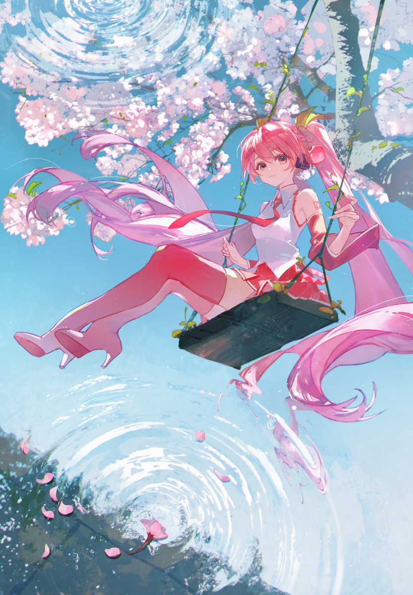 hatsune miku ,sakura miku 1girl long hair solo pink necktie necktie pink hair skirt  illustration images