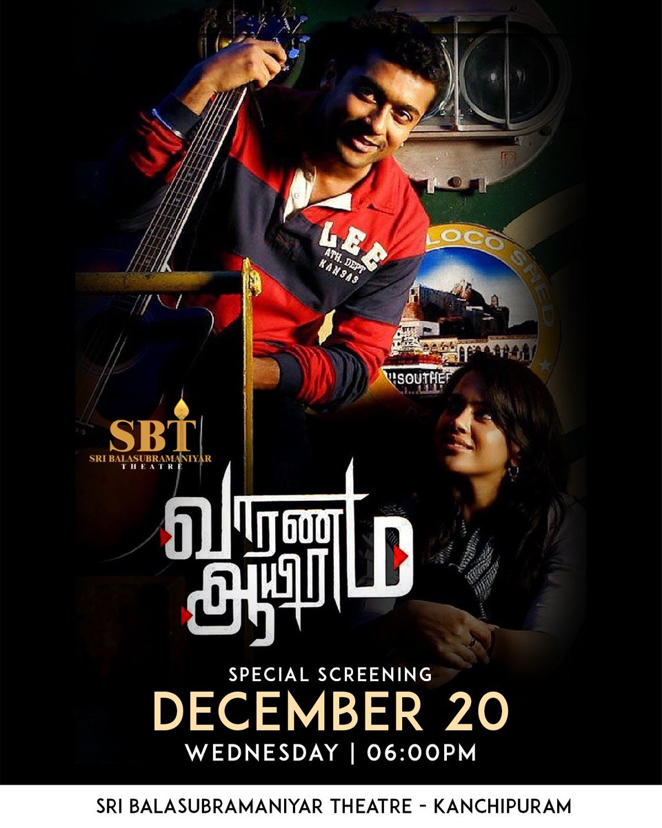 Varanam Aayiram From Wednesday ❤️ December 20 - Special Screening at 06:00PM @ Sri Balasubramaniyar Theatre, Kanchipuram . Get Ready Kanchipuram 🔥 The most wanted Re-release is Here 🤩 Vibe Material ah Erakurom, Erakiye Aagurom 🙌 . Bookings open at paytm.com