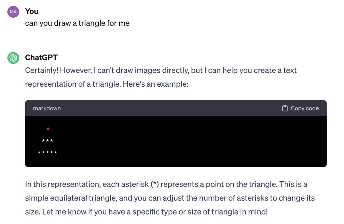 SachinMariwala's tweet image. Chat GPT Broke Mathematics!

It created a Triangle with the sides 10,5,5 😂

At 10,5,4 it realised that it can&apos;t be done.
God knows how it created a 10,5,5 

 #chatgpt #chatgptfail #maths #ai