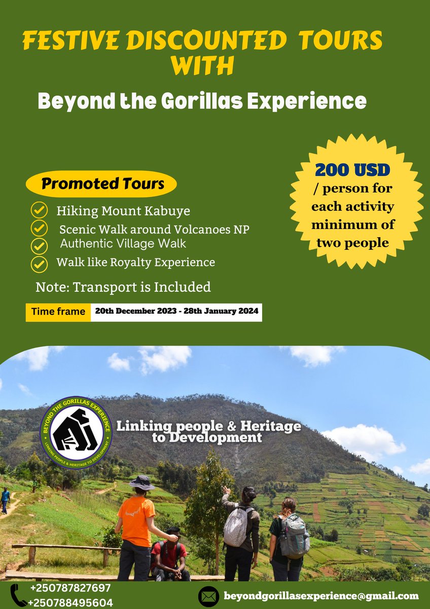 beyond_gorila's tweet photo. FESTIVE DISCOUNTED TOURS WITH @beyond_gorila:

Immerse yourself in the charm of #MountKabuye's 2700m ascent! Trek through vibrant rural communities, where the heartbeat of local life adds a unique touch to your journey. Experience excellence in service as you conquer heights with unparalleled hospitality. Grab the limited-time discount and make memories that last a lifetime!  #CommunityAdventure #VisitRwanda #RwandaIsOpen #FestiveDiscountedToursWithBGE