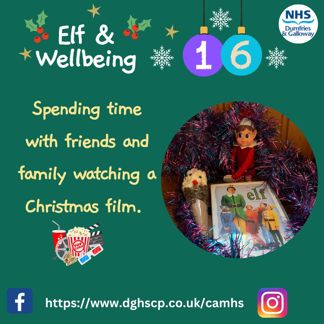 🎄Elf and Wellbeing Day 16 🎄'Willow' is looking forward to watching a film later on with some of her Elf friends. What is your favourite Christmas Film? #ChristmasFilms #Elf #CAMHSParticipation #SpendingTimeTogether #Wellbeing #SelfCare #HotChocolate