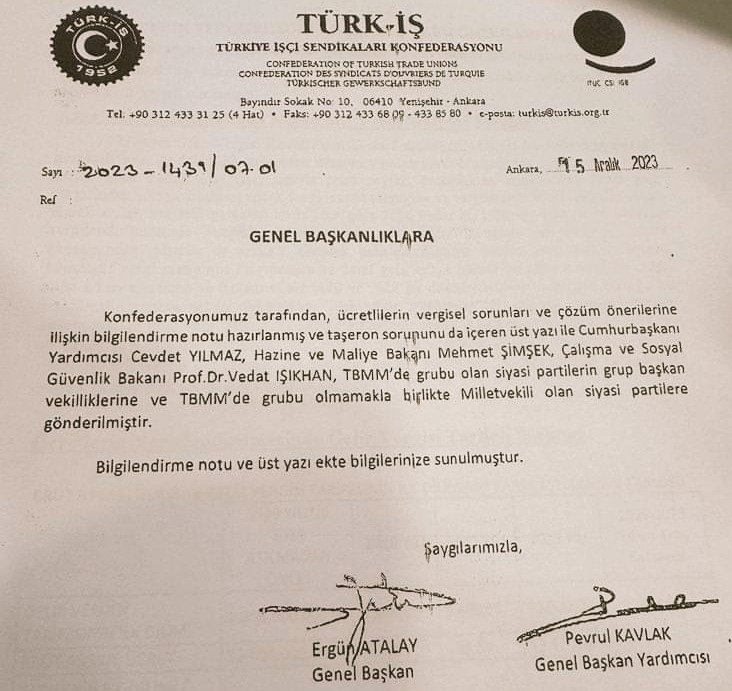 Türkiş konfederasyonu vergi ve taşeron düzenlemesi ile ilgili cumhurbaşkanlığı ve TBMM'deki siyasi partiler ve de tüm vekillere vergi ve taşeron ile ilgili bir bilgi notu göndermiştir...
İyi ki varsın <a href="/turkiskonf/">TÜRK-İŞ</a>
İyi ki varsın <a href="/KOOPISSENDIKASI/">Koop-İş Sendikası</a> 
<a href="/alemdareyup/">Eyüp Alemdar</a>
<a href="/muratturkekul/">muratturkekul</a>