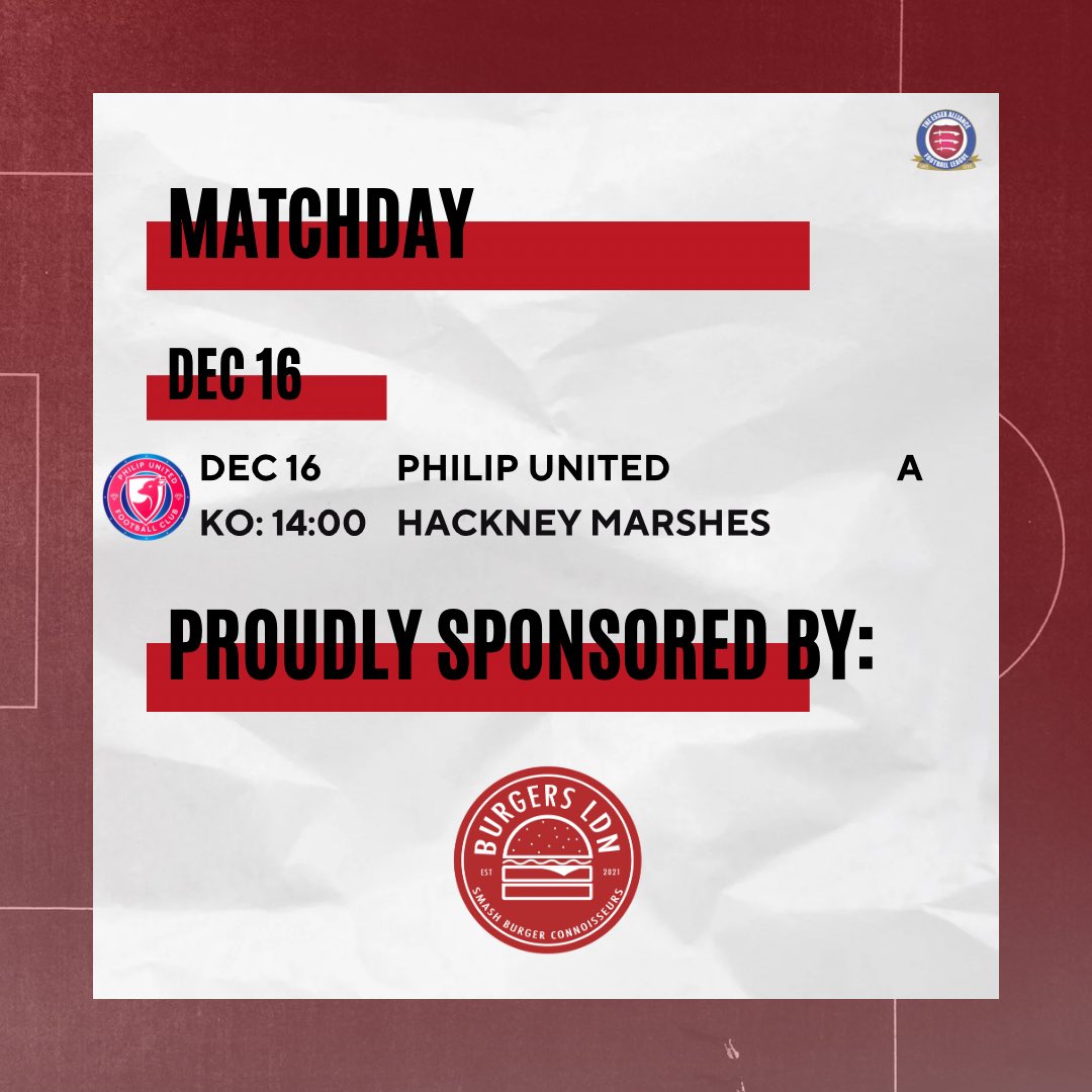 MATCHDAY 🔴

#matchday9 #WPGPHU
Wapping FC 🔴
🤝 Philip United (A)
🏟 Hackney Marshes
📆 16/12 - KO: 14:00pm
📊 <a href="/EssexAllianceFL/">Essex Alliance FL</a> - Premier Division (West)

#WFC #WAPPINGFAMILY #UPTHEBLUES