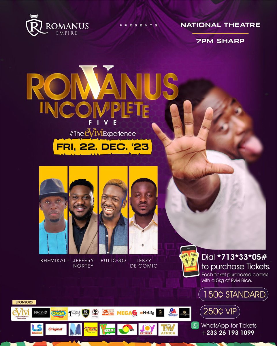 It's #TheEviviExperience and the first-ever Rice Party comedy show on Friday 22nd December, 7pm sharp. Purchase tickets by dialing 713*33*05# and enjoy a 5kg Evivi Rice with every ticket. See you on December 22nd! #RomanusIncompleteV #EviviExperience #Mega6lotto