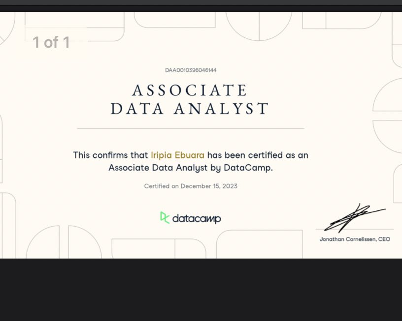 Another certification to end the year with 🤭 Associate Data Analyst certified by @DataCamp Ps: I am open to work Meanwhile, my portfolio- iripiabenedicta15.wixsite.com/iripia-b-s-por… #DataAnalytics #opentowork