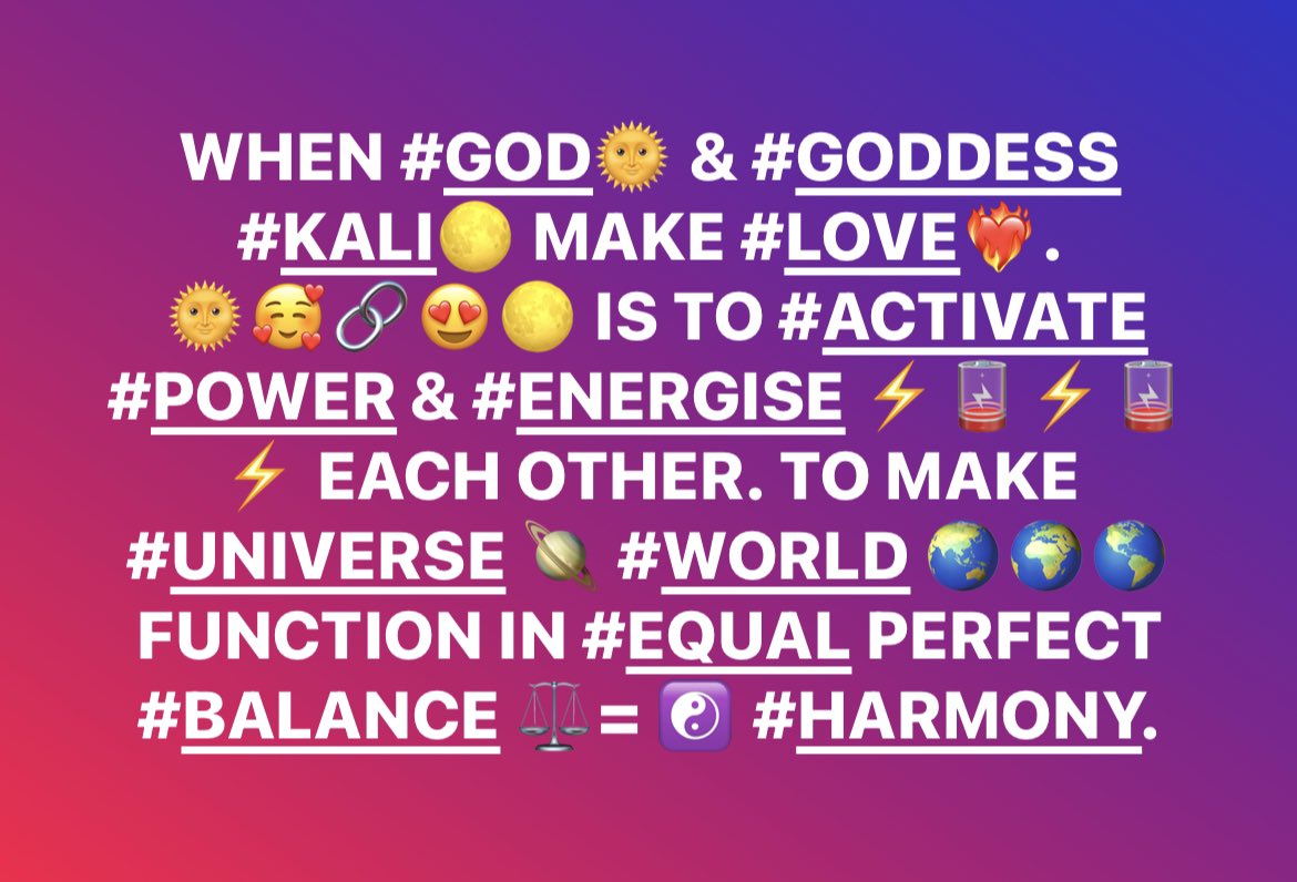 WHEN #GOD🌞 & #GODDESS #KALI🌕 MAKE #LOVE❤️‍🔥.
 🌞🥰🔗😍🌕 IS TO #ACTIVATE #POWER & #ENERGISE ⚡️🪫⚡️🪫⚡️ EACH OTHER. TO MAKE #UNIVERSE 🪐 #WORLD 🌏🌍🌎 FUNCTION IN #EQUAL PERFECT #BALANCE ⚖️= ☯️ #HARMONY. #SeriousWork #ImportantWork #KaliMakingLoveMakesTheWorldGoRound #Sacred