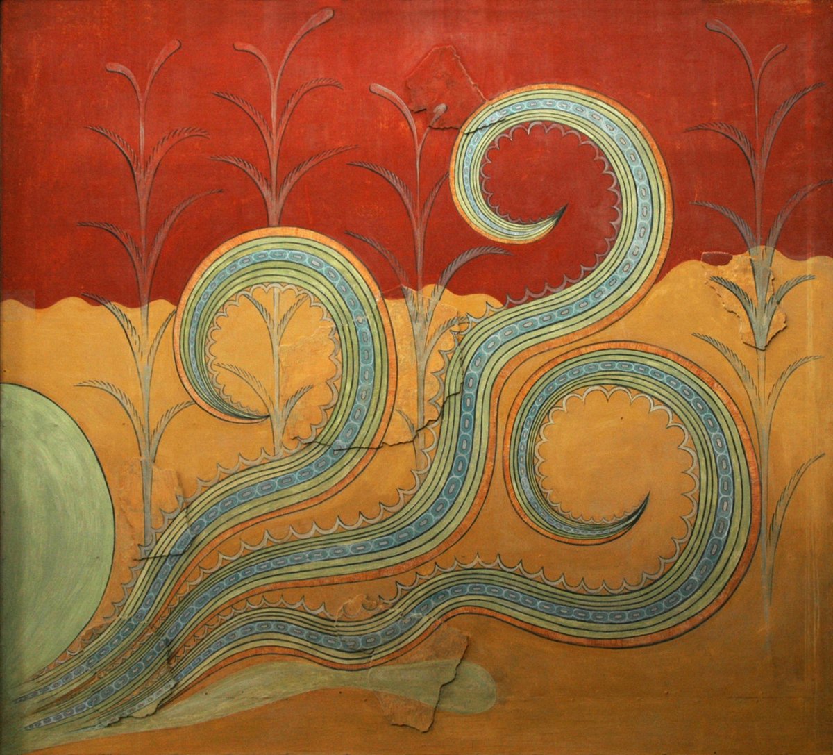 Detail, an Octopus fresco from the palace of Knossos, Crete. The palace is full of representations of marine animals, such as these tentacles that appear in another of its murals. Photo: Public Domain.