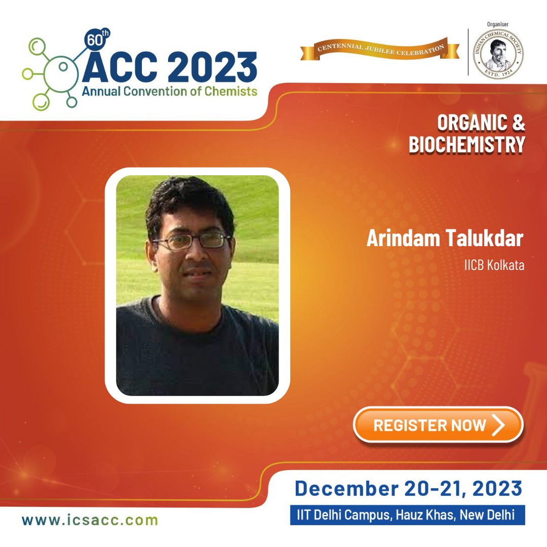 60thACC2023's tweet photo. Dive into the fascinating realm of Organic &amp; Biochemistry as Arindam Talukdar takes centre stage at #ACC2023. Get ready for an insightful journey into the world of molecules and life! #CSIR #ChemistryInnovation #TransformationMatters #ics #icsacc https://t.co/BTQ9Bz1QBY