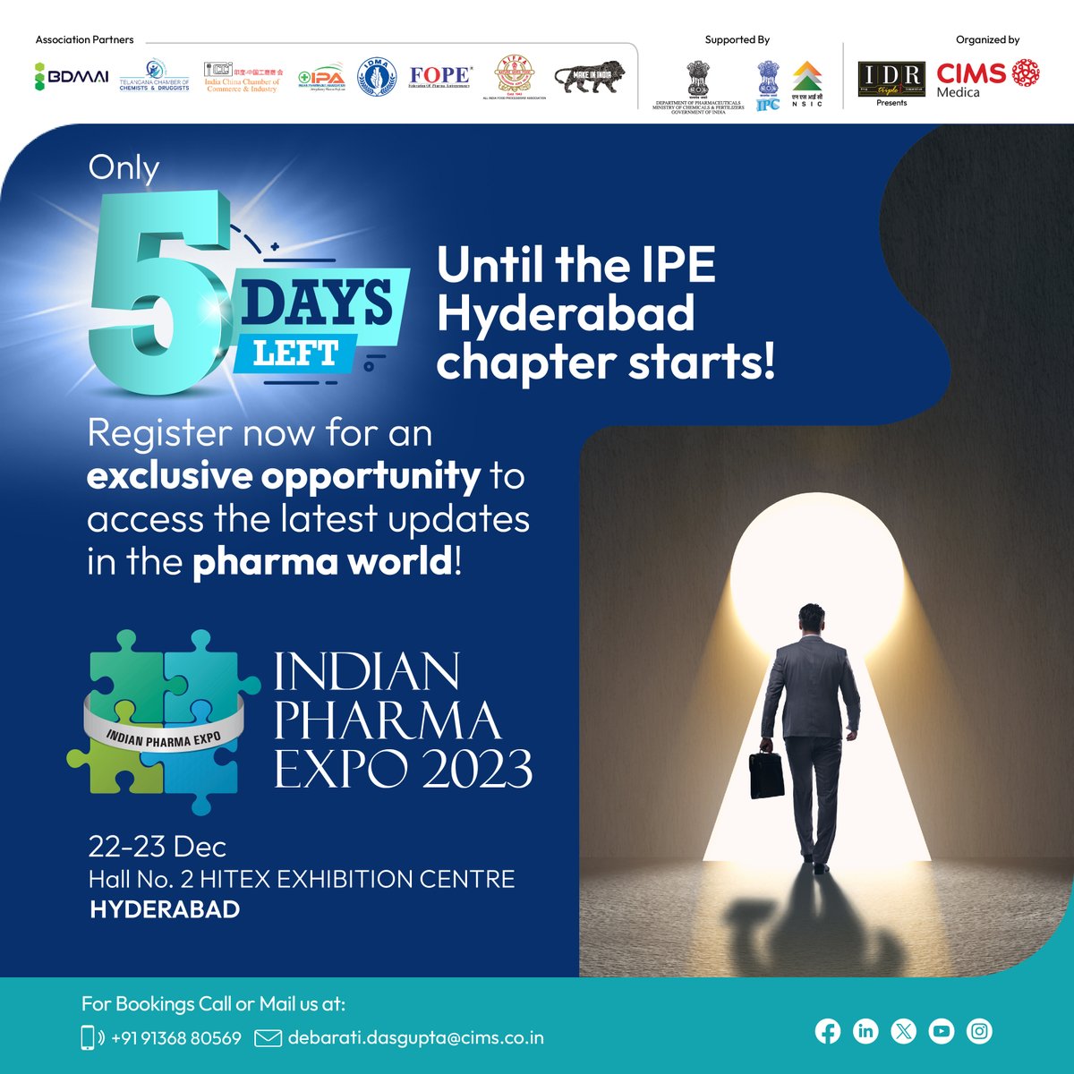 📷 Just 5 more days left until the Indian Pharma Expo begins on 22-23 Dec 2023! 📷 Secure your free spot at Hall No.2, HITEX Exhibition Center, Hyderabad, to witness the latest breakthroughs in the pharmaceutical sector. 📷
Contact us : 9136880569
bit.ly/SocialmediaHDY