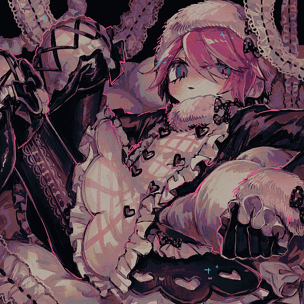 solo pink hair frills hat gloves looking at viewer black gloves  illustration images