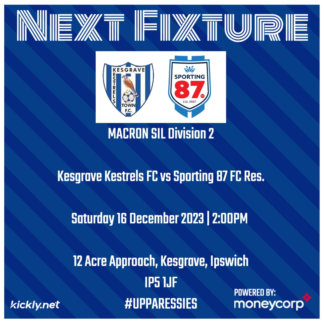 MATCHDAY    

Today we travel to <a href="/KestrelsSat/">Kesgrave Kestrels FC - Saturday Mens</a> for a top of the table clash in the <a href="/SILHQ/">SIL - Suffolk & Ipswich League</a> Division 2. Maybe a bit early in the season, but still feels like a proper 6-pointer!

📅Saturday 16 December 2023
🕐2:00pm
🏆SIL Divison 2
📍12 Acre Approach, Kesgrave, IP5 1JF

#UppaRessies