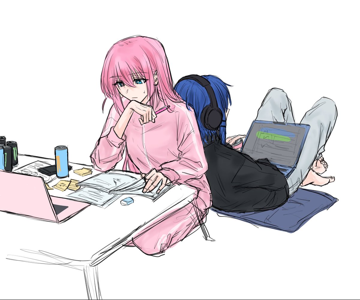 gotoh hitori ,gotou hitori ,yamada ryo multiple girls 2girls pink hair blue hair long hair laptop track jacket  illustration images