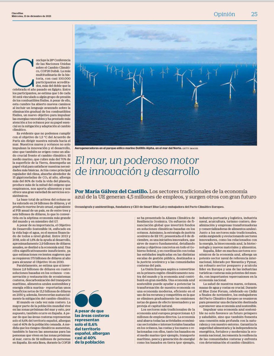 Os comparto mi artículo para <a href="/CincoDiascom/">CincoDiascom</a> <a href="/el_pais/">EL PAÍS</a>. El mar, un poderoso motor de innovación y desarrollo 🌊🍃🚀