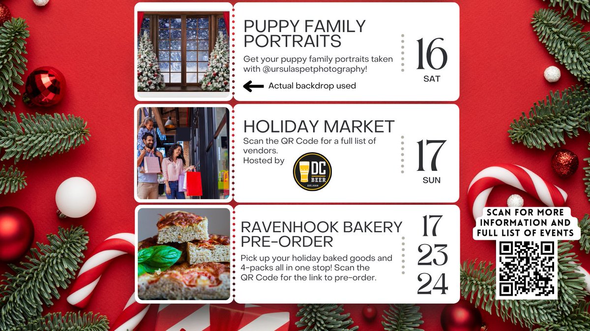 Events This Week!

Saturday 12/16 We're doing PUPPY FAMILY PORTRAITS! Come in and have your holiday portrait taken with your furry family by @ursulaspetphotography.

Sunday 12/17 is our Holiday Market by <a href="/dcbeer/">DC Beer</a>. Find the full list of amazing vendors on our Events Page.
