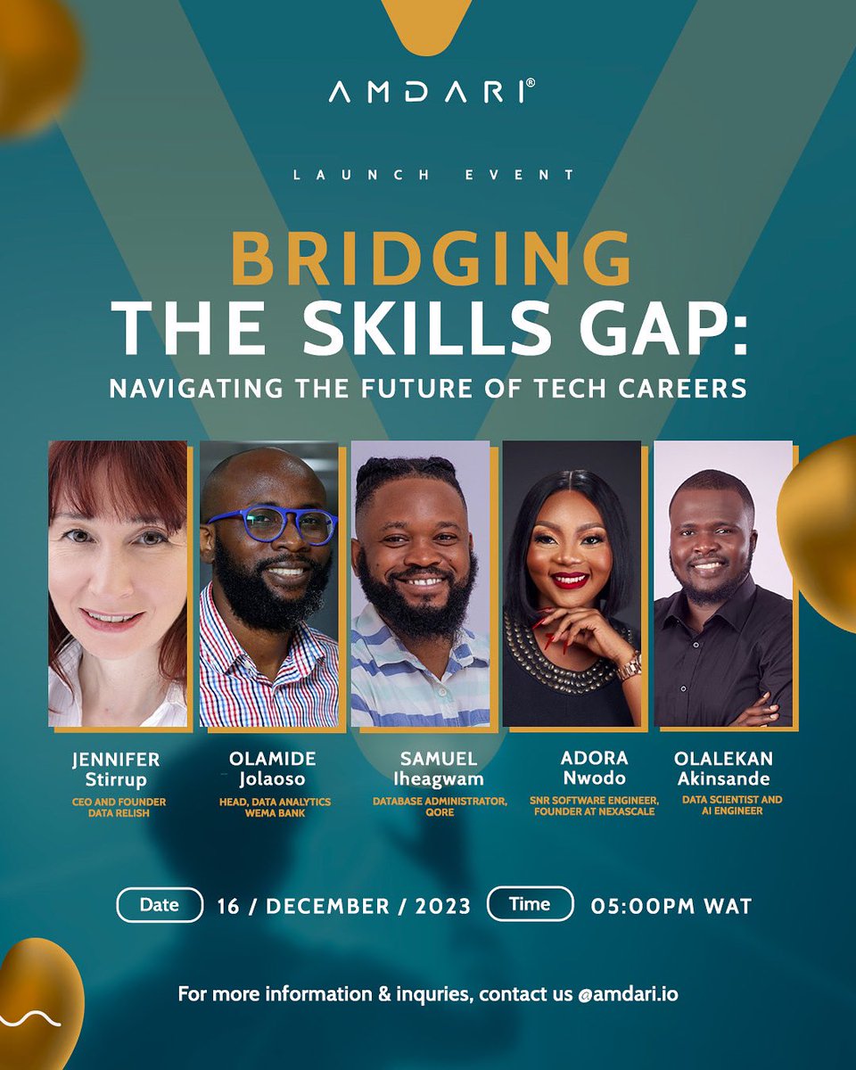 Amdari's Virtual Launch Event
Today, December 16th, 2023, 5 pm WAT on Zoom!
Theme: 'Bridging the Skills Gap: Navigating the Future of Tech Careers'
言
Set up your reminders! See you at 5:00pm WAT!
Click the link in my bio to register for this event. #edtech #EdTechInnovation