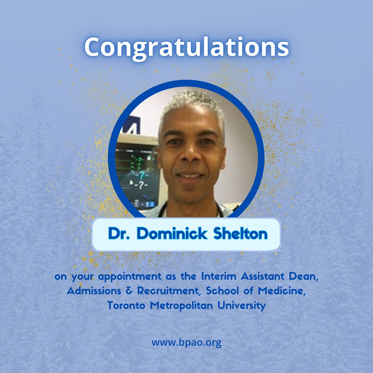 Exciting news! Our co-founder, Dr. <a href="/DominickShelto3/">Dominick Shelton</a>, is now Interim Assistant Dean, Admissions &amp; Recruitment, @torontomet School of Medicine!

Fun fact: he &amp; <a href="/DrLisaRobinson/">Lisa Robinson</a> were the only Black students in their class at U of T &amp; now they're senior leaders in medicine! #inspiring