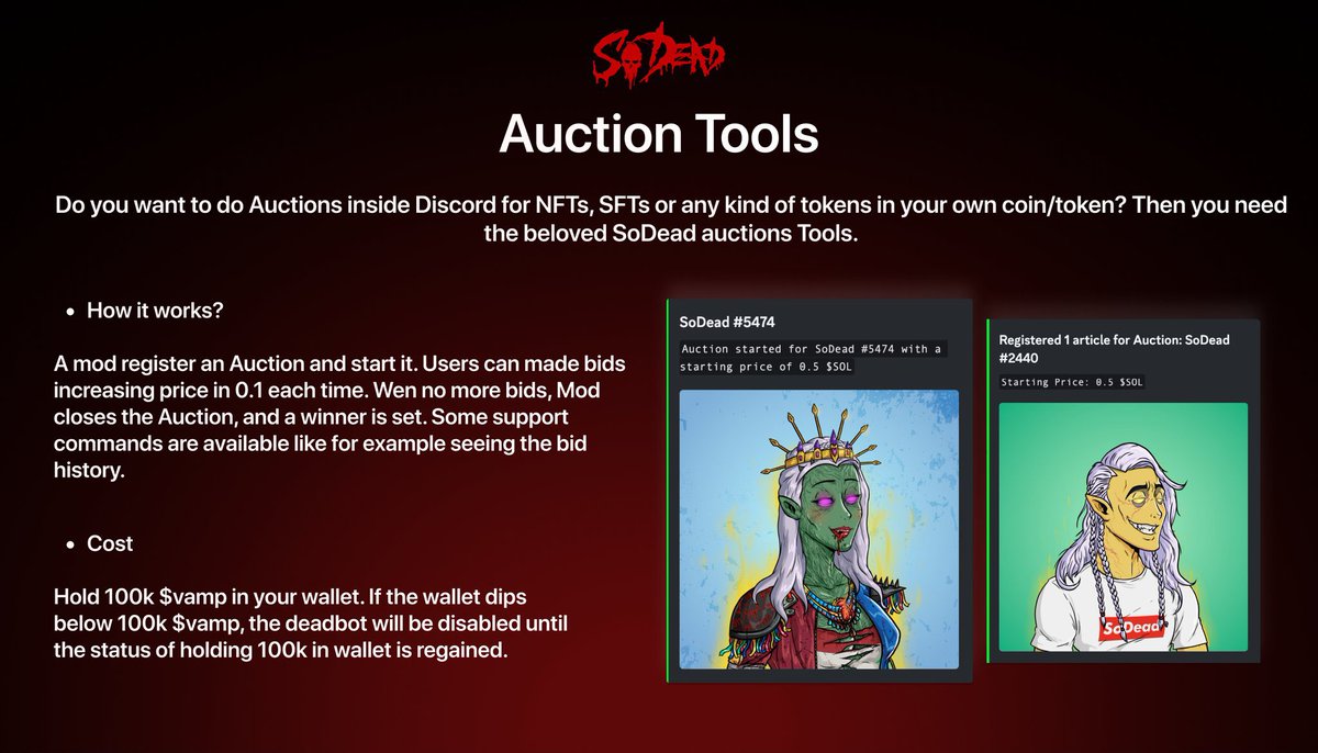 Check out What <a href="/SoDeadNFT/">SoDead</a> has to bring you guys 👇

DeadTeam has made a DeadBot that is available for the entire ecosystem to take advantage of. For 100k $VAMP bought and held

DeadBot is a toolkit developed to empower your Discord Community in aspects like fun, art and utility