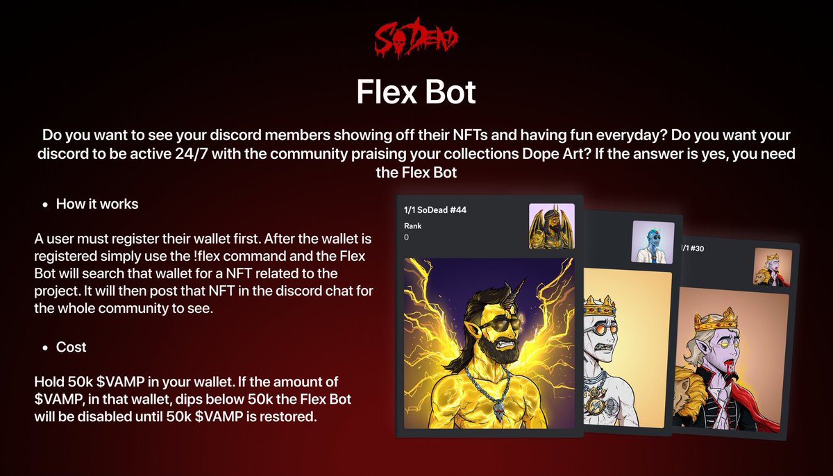 SenziDI000's tweet photo. Check out What @SoDeadNFT has to bring you guys 👇

DeadTeam has made a DeadBot that is available for the entire ecosystem to take advantage of. For 100k $VAMP bought and held

DeadBot is a toolkit developed to empower your Discord Community in aspects like fun, art and utility https://t.co/YMir62m6LH