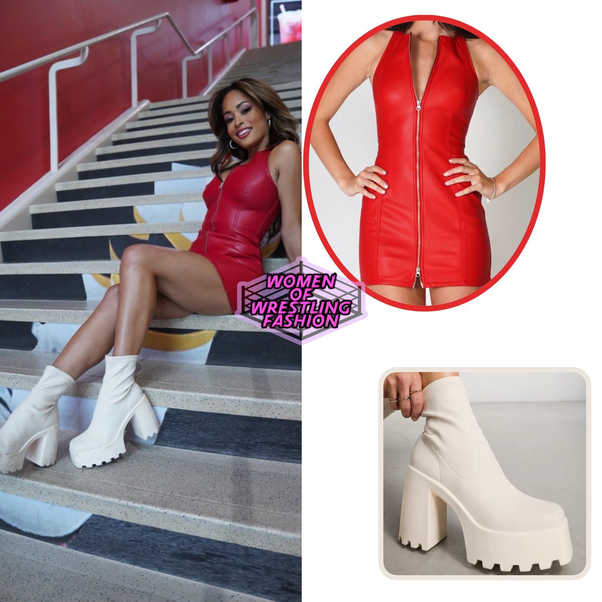 WmenWrstlinFash's tweet image. For #Smackdown, @KaylaBraxtonWWE wore the Vixen Dress in Red Leather from #ReviceDenim (no longer sold) and the Entice Platform Sock Boots in White from #ASOSDesign ($59.99)