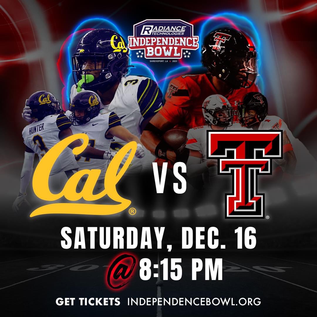 WAKE UP IT’S GAME DAY!

🏈 <a href="/CalFootball/">Cal Football</a> vs. <a href="/TexasTechFB/">Texas Tech Football</a> 
🕤 8:15 PM CST
📍Independence Stadium
📺 @ESPN
📻 <a href="/BowlSeasonRadio/">Coca-Cola Bowl Season Radio</a> 

#IndyBowl | #BowlSeason