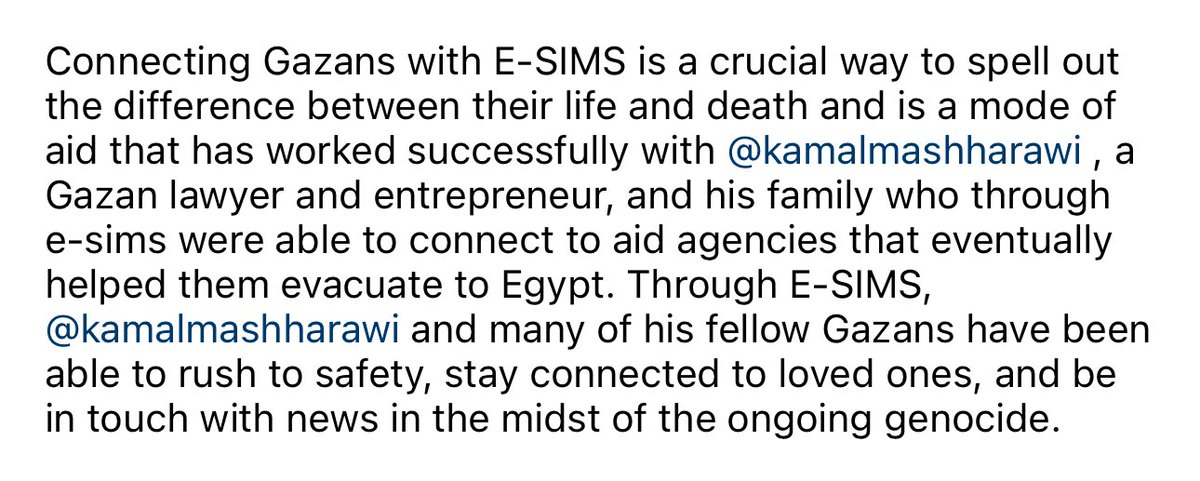 This is what your e-sims donations are doing.

E-sims are saving lives. 

#ConnectingGaza <a href="/Connectinghu_/">Connecting Humanity</a>