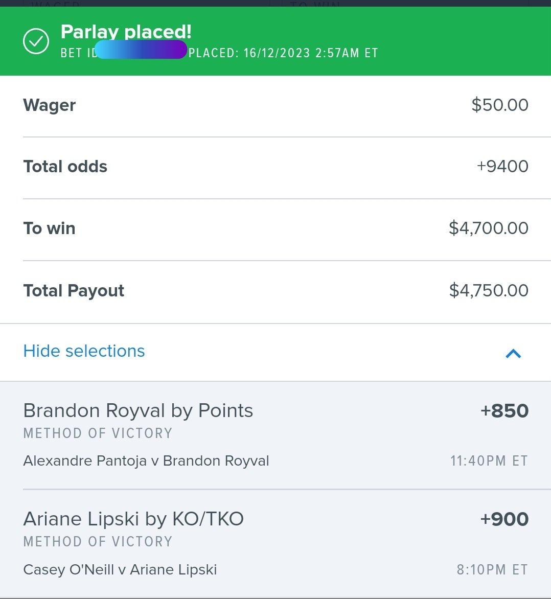 MrElectricute's tweet photo. 🆓️ #ShootForTheMoon Parlay for #UFC296

+9400
$50 wins $4700
🥊 #Royval by Decision
🥊 Lipski by TKO/KO

#Pantoja has never been finished, and I give the cardio edge to Royval

#Lipski's Striking has looked better and better, think the KO is super live https://t.co/72uvON2fSw