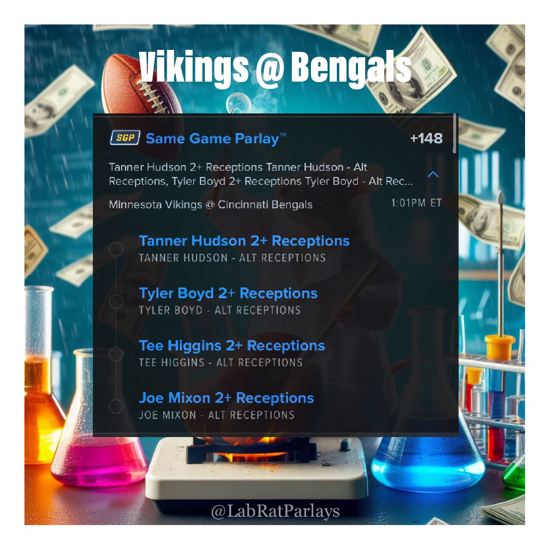 LabRatParlays's tweet photo. 🚨‼️New bet alert!‼️🚨

Vikings @ Bengals

All bengals in the parlay with 2+ receptions.  All of them are at least 90% hit rate in the last 10 games. https://t.co/uxa56V0m4G