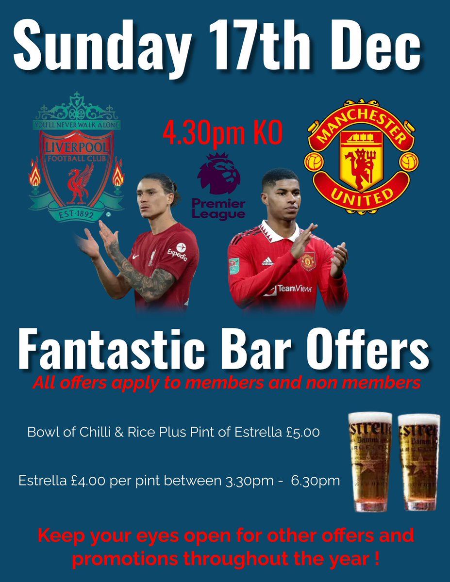 Super Sunday down at the club tomorrow…
Chilli and pint offer available from 15:30