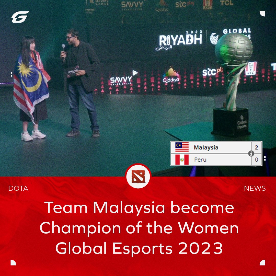 The girls from #TeamMalaysia 🇲🇾 defeated #TeamPeru 🇵🇪 2-0 and won the Gold Medal in the #Dota2 women division of the <a href="/GE_Federation/">Global Esports Federation</a> 2023 celebrated in Riyadh 🥇

Congratulations to the team!

1. <a href="/istarx/">istarx</a> 
2. <a href="/ecilaaurora/">ecilaaurora</a>  
3. <a href="/hishikox/">Hishiko</a> 
4. <a href="/velnaoh/">naoh</a> 
5. Lynnie