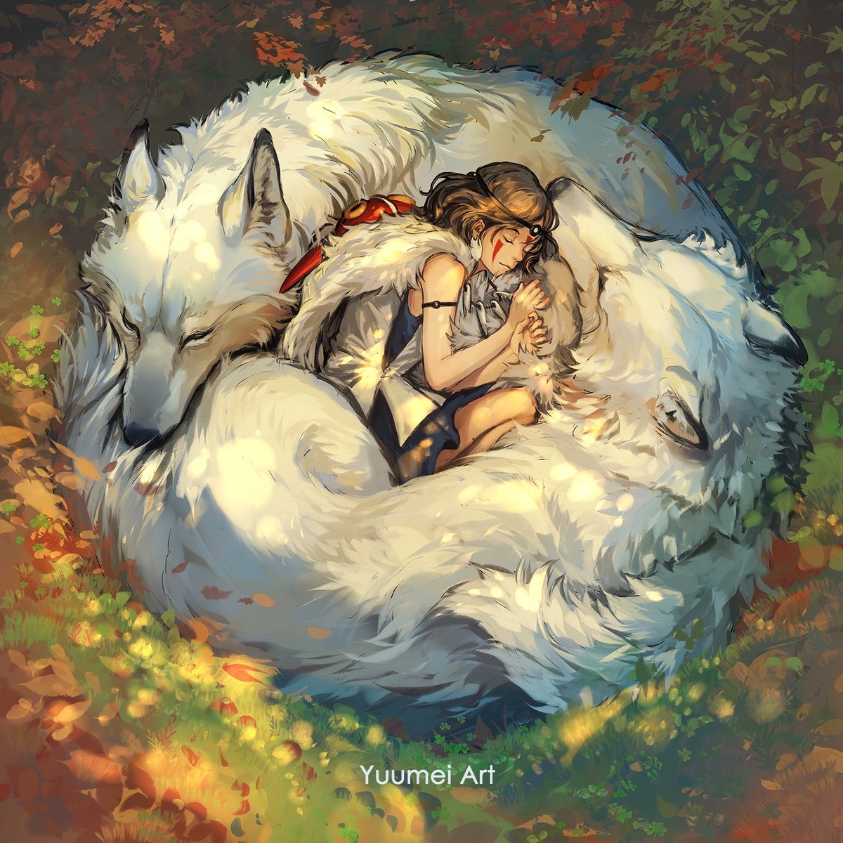 It's finally autumn in California and the leaves are turning red~ I just want to snuggle up with my huskies so I drew San with her two wolves