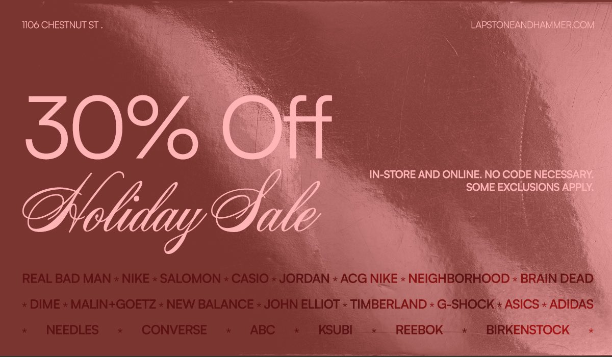 30% OFF SITE-WIDE & IN-STORE HOLIDAY SALE! Shop our 30% OFF Holiday Sale now both online & in-store. Save big on all your favorite brands! Shop here - lapstoneandhammer.com Discount applied in-cart, so no code needed online! Some exclusions apply. All sales final.