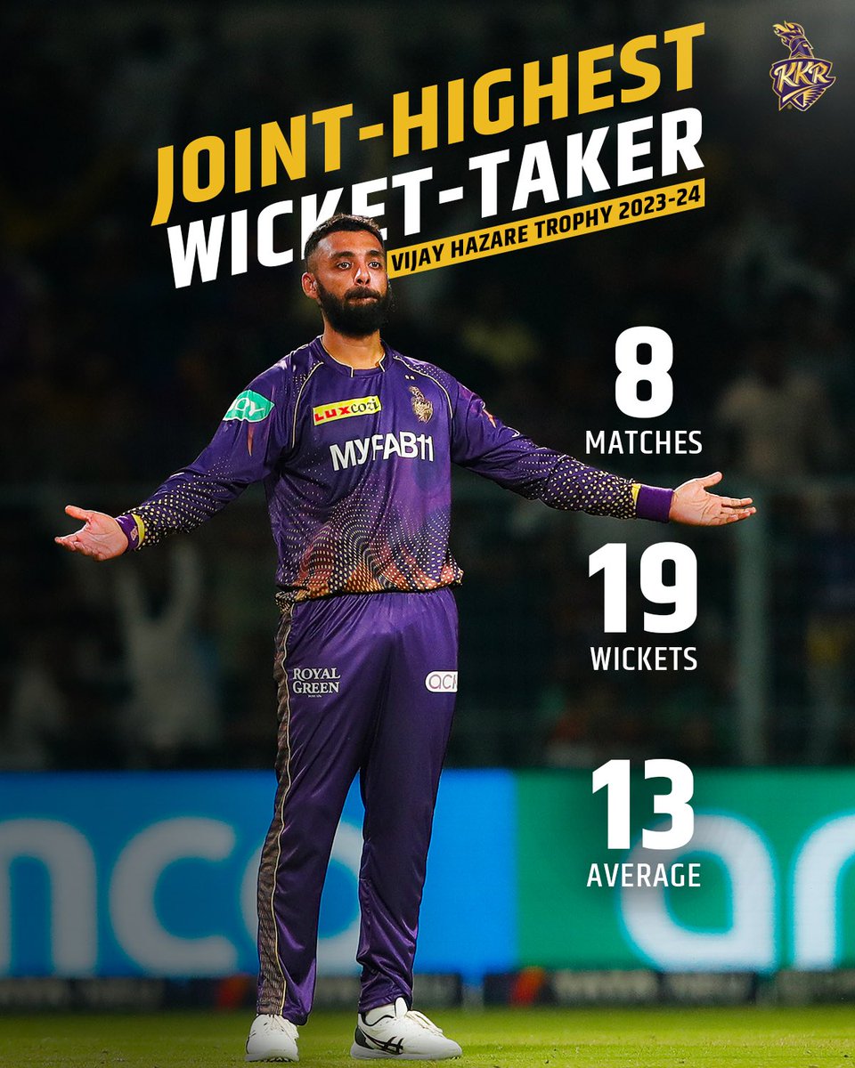 KKRiders's tweet photo. Wickets on repeat π
Varun Chakaravarthy shines as he finishes as the joint-highest wicket-taker in #VHT2023 π https://t.co/3CDhSwTjlm