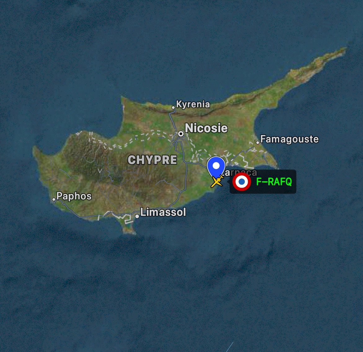 CH_LEBAD's tweet photo. Le Falcon F-RAFQ #CTM7 est reparti de Villacoublay a 13:21 🇫🇷 pour atterrir à l’aéroport international de Larnacca Chypre 🇨🇾 https://t.co/bhuGQT3u0y