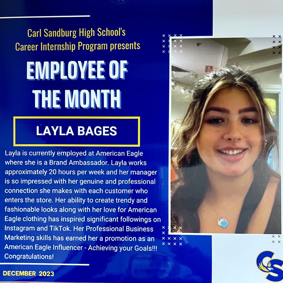 CONGRATULATIONS to <a href="/SandburgHS/">Carl Sandburg H.S.</a>’s Business Department “EMPLOYEE OF THE MONTH”  Layla Bages! Continue setting your goals and achieving them! <a href="/CS_GUIDANCE/">Sandburg Guidance</a>