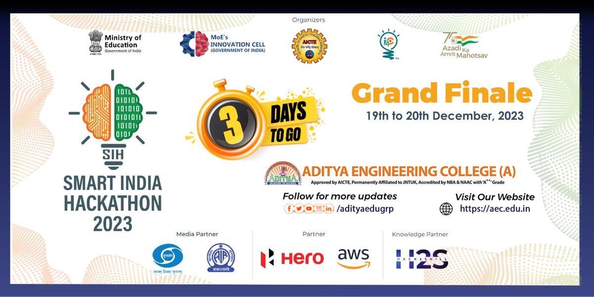 AdityaEduGroup's tweet photo. Get ready for the ultimate showcase of innovation! We're just three days away from the Smart India Hackathon Grand Finale, where brilliant minds will converge to transform ideas into reality. 🌐💡
#smartindiahackathon2023 #sih2023software #sih2023 #aicte #ministryofeducation https://t.co/6ARgeRidP9