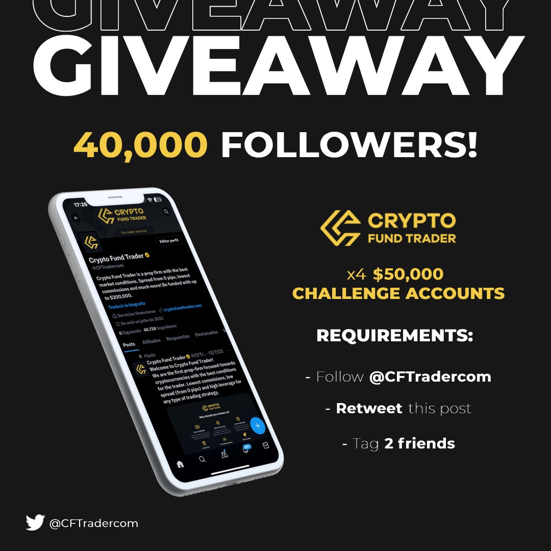 GIVEAWAY🚨 $200,000 in challenges to be distributed! Requirements: - Follow us @CFTradercom - Retweet this post - Tag 2 friends We continue celebrating this great milestone we have reached so far, 40,000 followers!