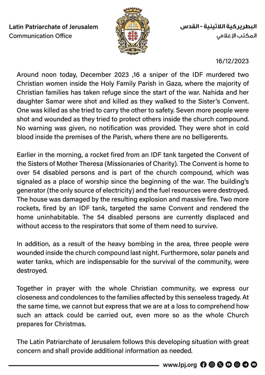 Statement by the Latin Patriarchate in Jerusalem on the shooting and killing of two women in the Catholic church in Gaza. When will this end? Enough.