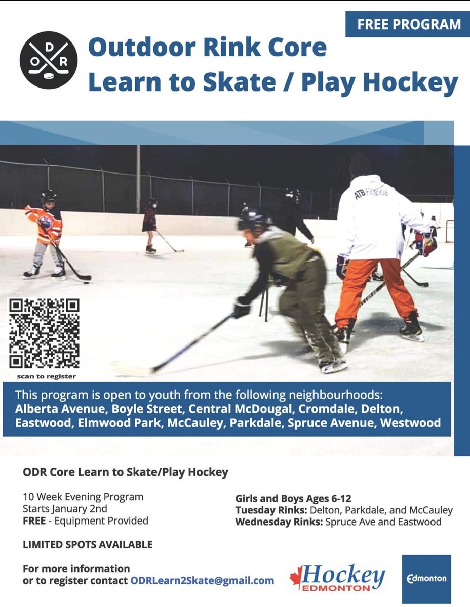 Free learn to skate/play hockey program. Scan the QR code or send an email to register.@SportCentral_AB @YEGSportCouncil @WinterCityYEG @CityofEdmonton @edmonton_anne @bmcnews