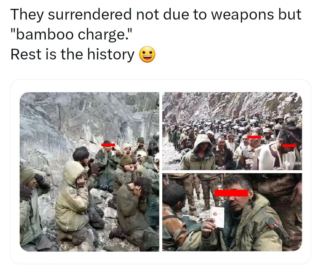 agham_mohsin's tweet photo. @Radhika8057 1971: Pakistan lost the eastern part but showed bravery, sacrificed lives.

2020-2021: Indian troops surrendered only because of Chinese Bamboos 🤣 https://t.co/EFAfW6qqKp