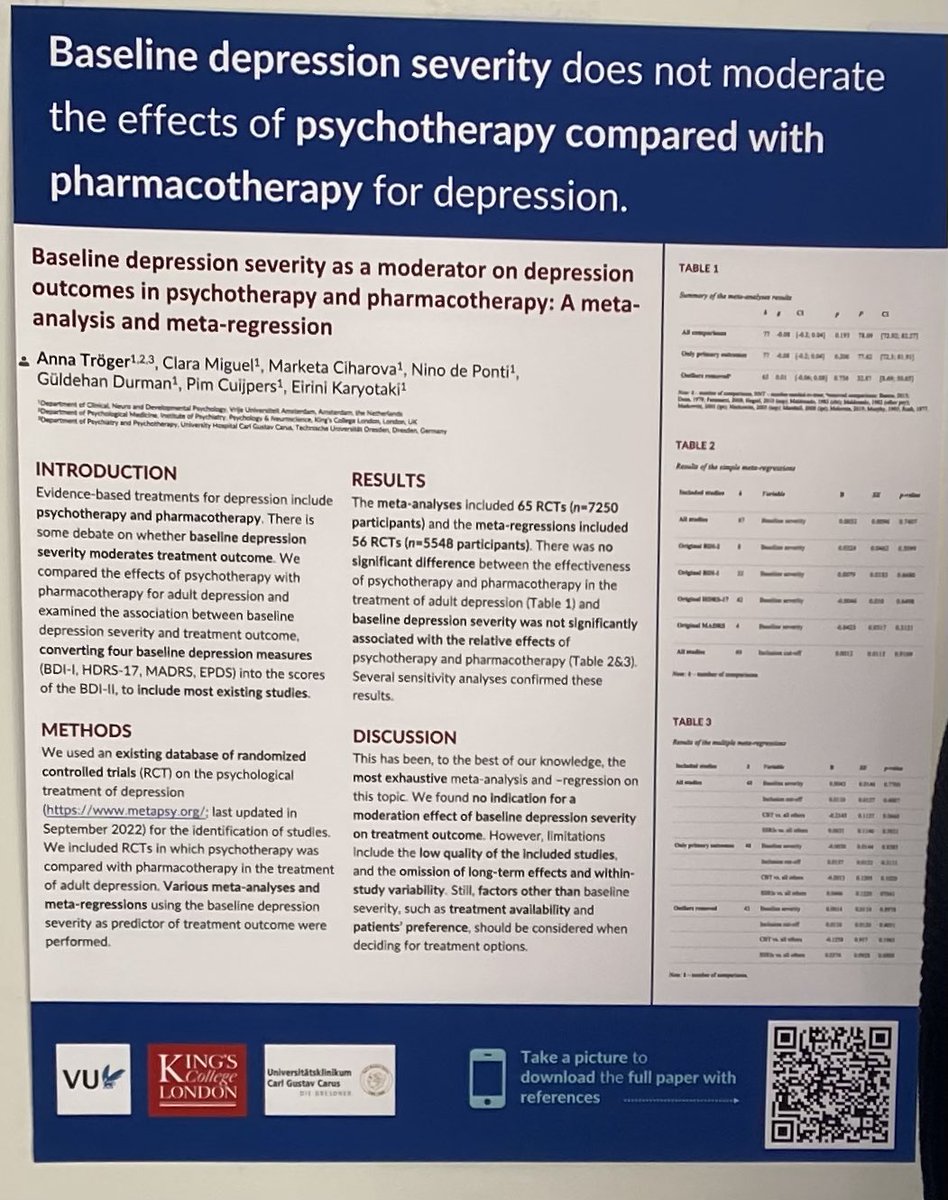 Anna Tröger (a <a href="/kclcfad/">KCL CfAD</a> PhD student) presents her poster, a meta-analysis and meta-regression reporting that:
Baseline depression severity does not moderate the effects of psychotherapy compared with pharmacotherapy for depression.

#ISAD2023