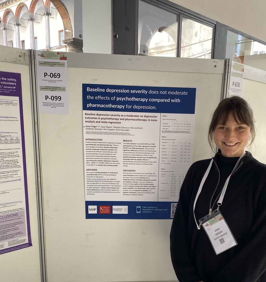 kclcfad's tweet photo. Anna Tröger (a @kclcfad PhD student) presents her poster, a meta-analysis and meta-regression reporting that:
Baseline depression severity does not moderate the effects of psychotherapy compared with pharmacotherapy for depression.

#ISAD2023 https://t.co/YfNz0izug9