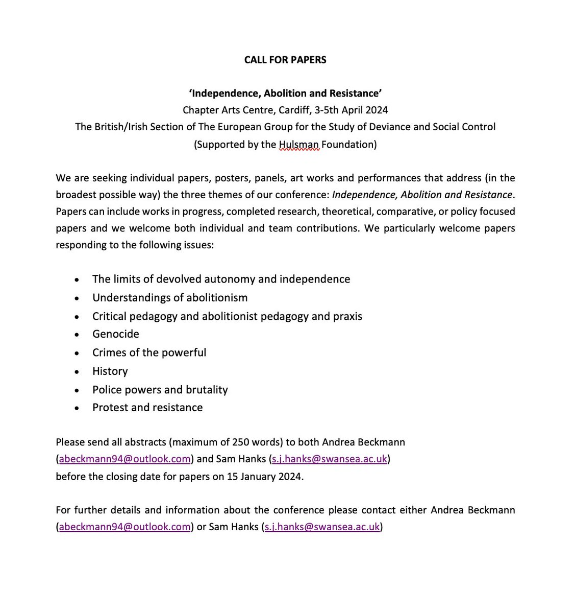 The British/Irish Section of @european_group will be holding a conference in Cardiff, Wales from 3-5th April 2024. (See next post for link to booking form) #Abolition #Wales #Resistance #Independence Please retweet Announcement👇 Call for papers 👇