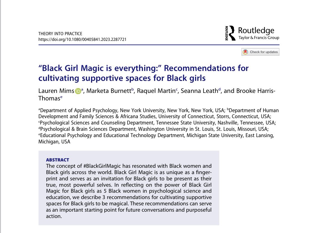Out now! In this paper, we provide practical recommendations for creating spaces that support and celebrate the existing magic in all Black girls! ✨ @DrLaurenMims @RaquelMartinPhD @SeannaLeathPhD @BrookeEdu