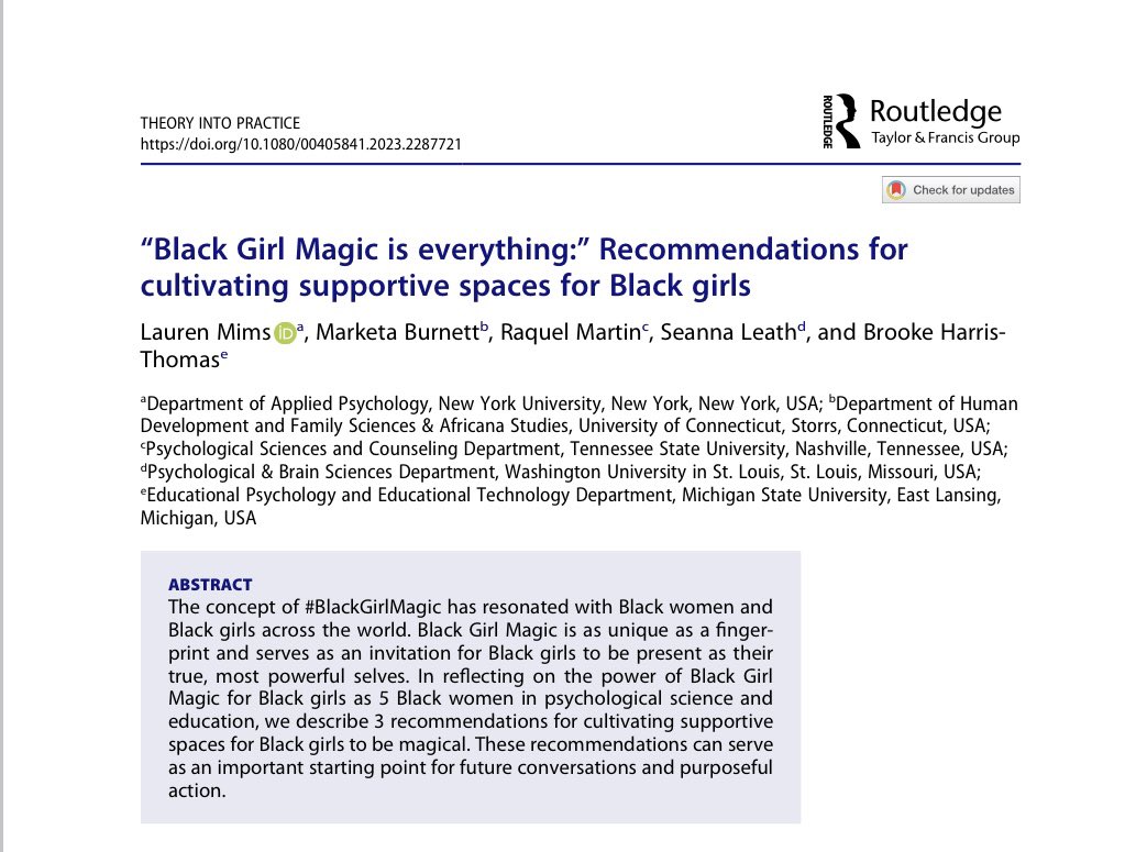 Marketa, Ph.D. (@drmburnett) on Twitter photo Out now!
In this paper, we provide practical recommendations for creating spaces that support and celebrate the existing magic in all Black girls! ✨
<a href="/DrLaurenMims/">Dr. Lauren Mims 👩🏾🚀</a> <a href="/RaquelMartinPhD/">RaquelMartinPhD</a> <a href="/SeannaLeathPhD/">Seanna</a> <a href="/BrookeEdu/">Dr. Brooke Harris-Thomas</a> Out now!
In this paper, we provide practical recommendations for creating spaces that support and celebrate the existing magic in all Black girls! ✨
<a href="/DrLaurenMims/">Dr. Lauren Mims 👩🏾🚀</a> <a href="/RaquelMartinPhD/">RaquelMartinPhD</a> <a href="/SeannaLeathPhD/">Seanna</a> <a href="/BrookeEdu/">Dr. Brooke Harris-Thomas</a>