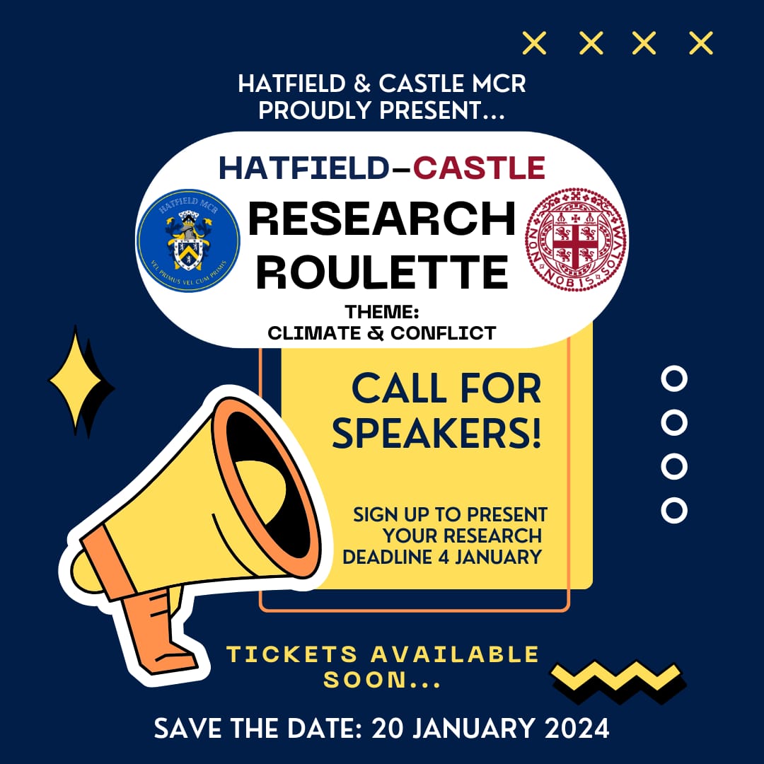 We are proud to present a joint Research Roulette with <a href="/CastleMCR/">CastleMCR</a> to take place on Saturday 20th January 2024 at 5.30pm in the Birley Room.

Sign up as a speaker: forms.office.com/e/hwWVFEWasW.

#durhamuniversity #postgraduate #hatfieldcollegedurham #castlecollegedurham