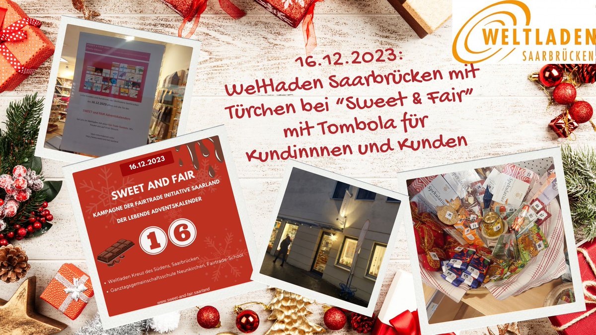 FAIRDREHT's tweet photo. Am Samstag, 16.12 bis 18h:
Sweet &amp; Fair Adventskalender
 Am 16.12.2023 öffnet sich ein Türchen im Weltladen Saarbrücken mit einer Tombola für alle Kundinnen + Kunden. Mehr Infos unter: https://t.co/gkdZ15Bcd2

Wo? Weltladen Saarbrücken, Evangelisch-Kirch-Str. 8, 66111 Saarbrücken https://t.co/FFhDAVhDMA