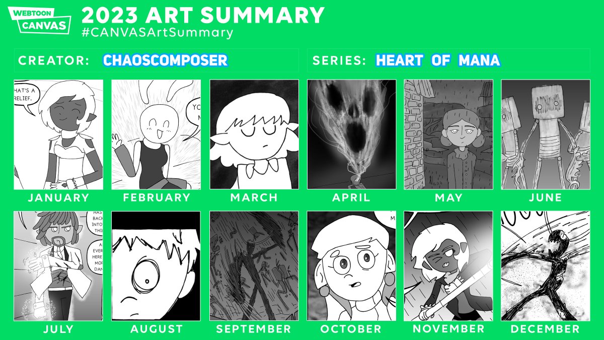 This year's #CANVASArtSummary really highlights the progress through the Siege of Haybarrow arc of the comic, which is rapidly drawing to a close! (I'm finishing up its final chapter now!)

350+ comic pages summed up nice and neat!

<a href="/webtooncanvas/">WEBTOON CANVAS</a>