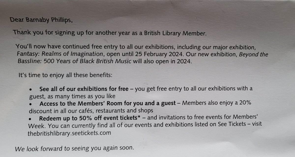 Yes I'm glad to be a member of the wonderful @britishlibrary- But acknowledgement that I & many others are renewing despite it being essentially unusable for 6 weeks now would have been welcome! Students, authors etc pray this under-reported disaster is resolved asap in 2024.